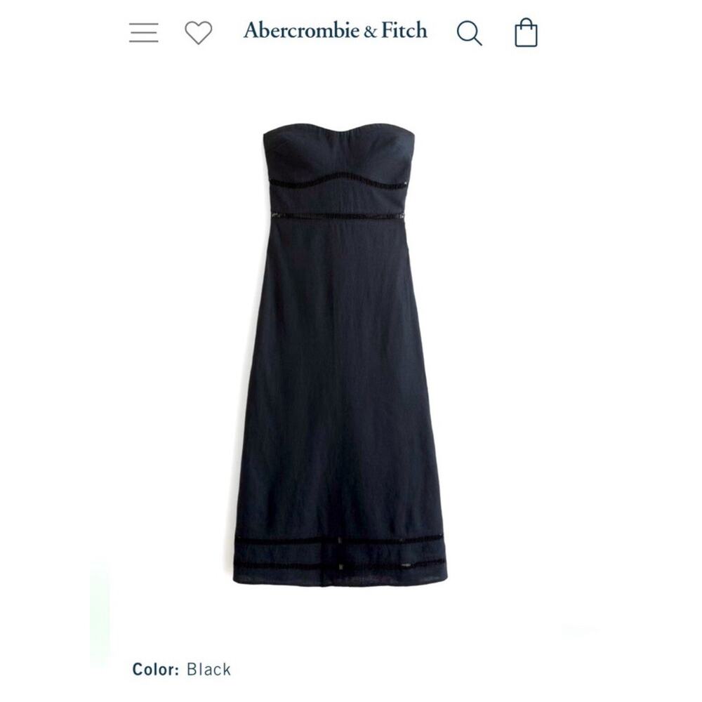 Abercrombie Linen Blend Strapless Midi Dress Large Black Peekaboo Trim‎